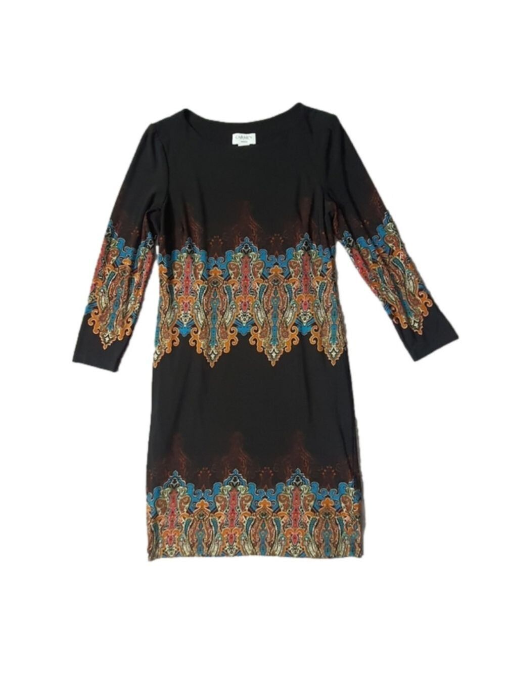 Carmen Marc Valvo Long Sleeve Dress Womens M Round Neck Midi Multi Color